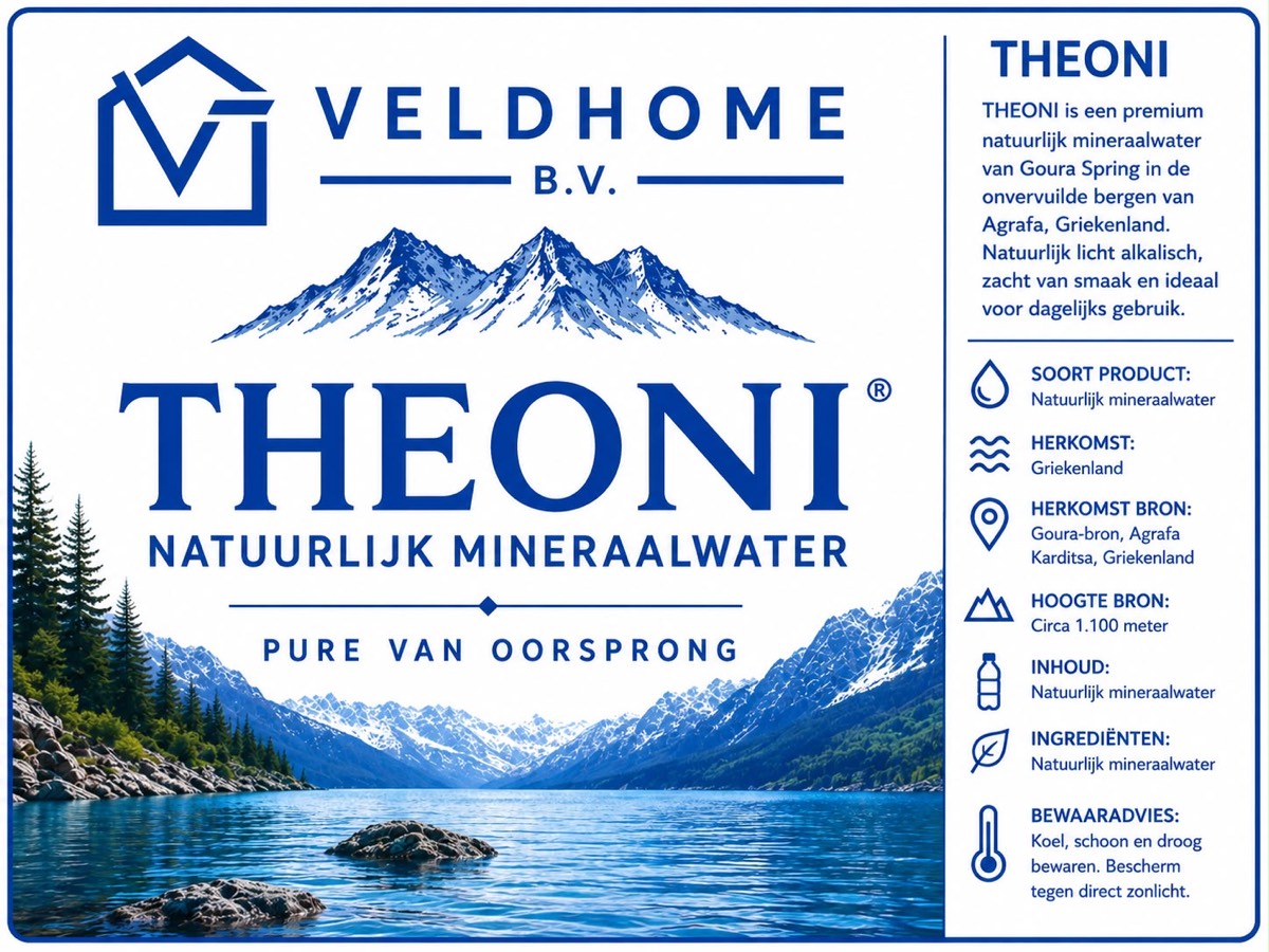 Het etiket van THEONI natuurlijk mineraalwater, geleverd door Veldhome B.V.