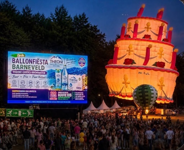 De taartballon boven het terrein, met THEONI op het scherm