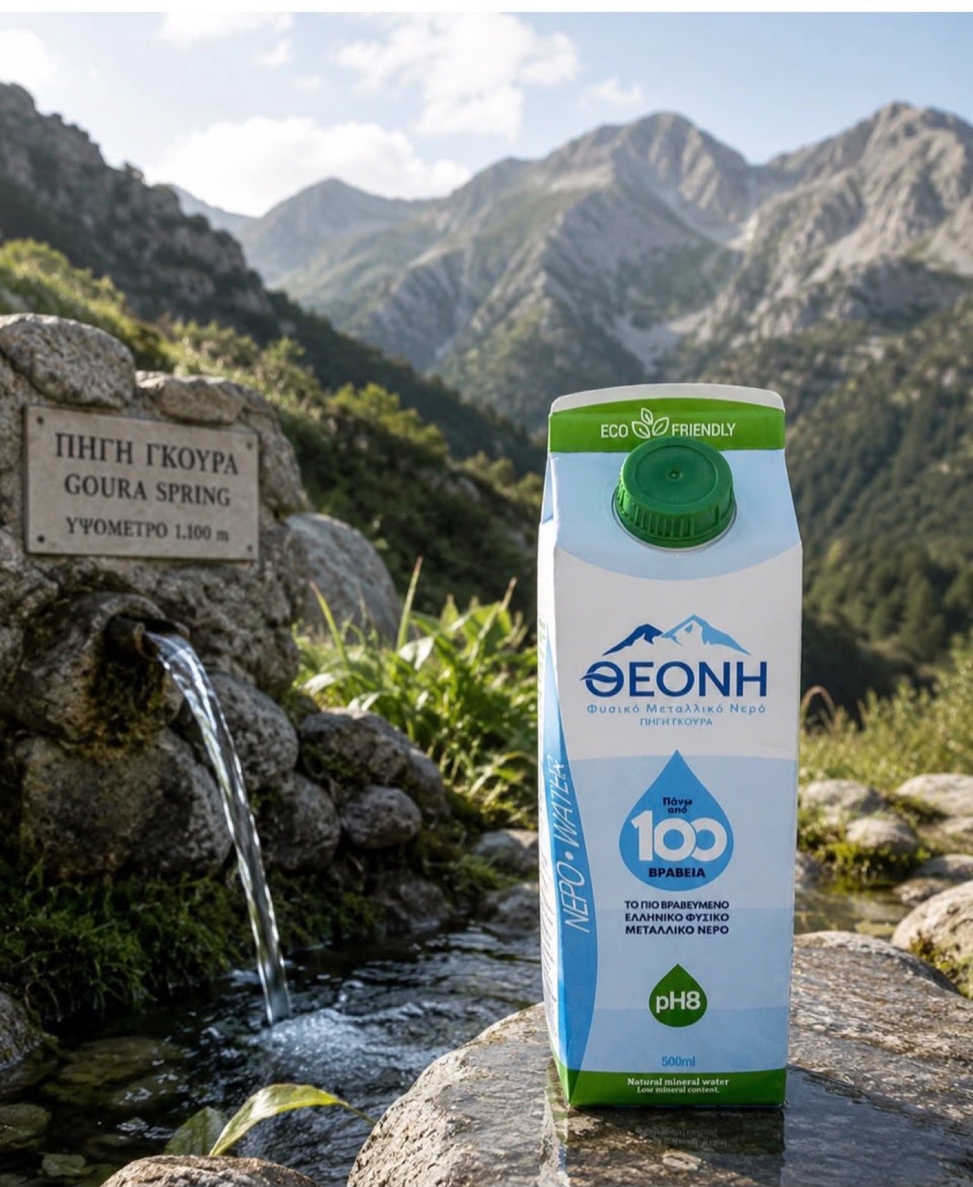 Pak THEONI mineraalwater bij de Goura-bron in het Agrafa-gebergte