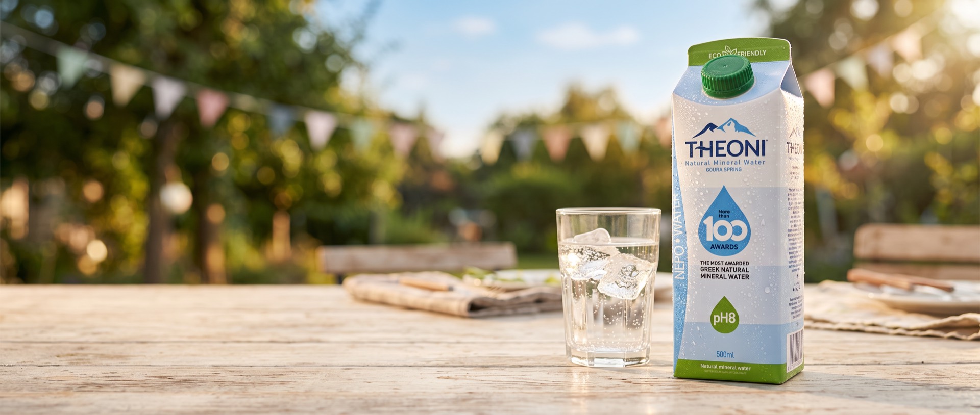Een gekoeld pak THEONI mineraalwater met een glas water op een zonnige zomerdag