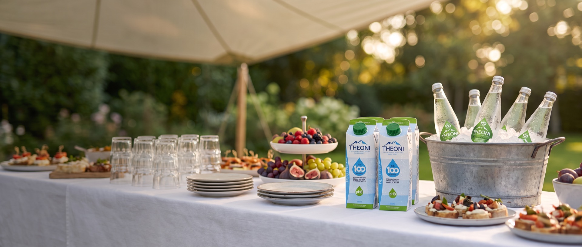 Buffettafel op een evenement met gekoelde pakken THEONI mineraalwater en Sparkling in ijs