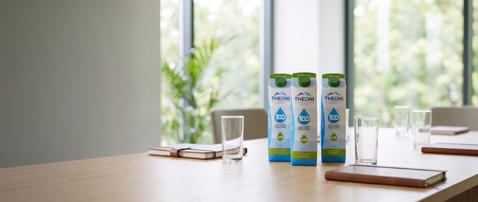 Pakken THEONI mineraalwater op een vergadertafel in een licht kantoor