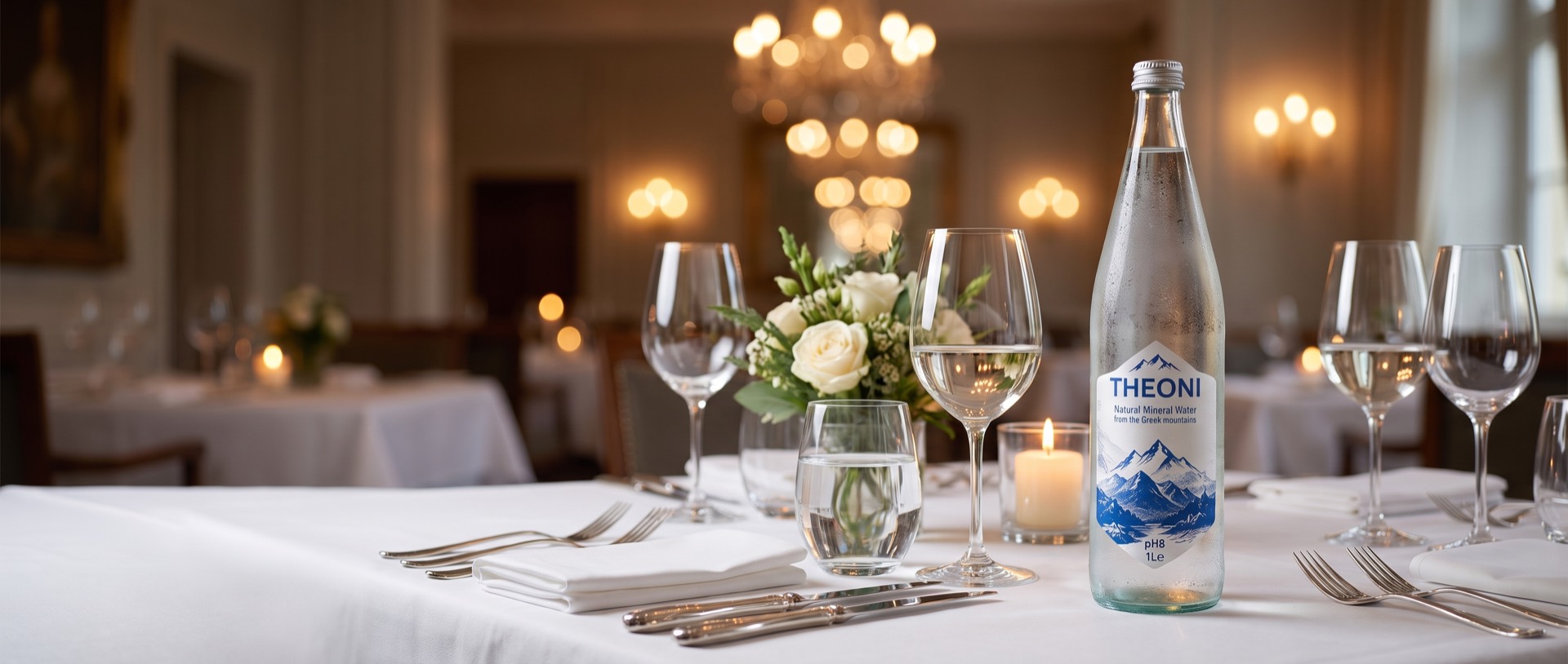 Glazen fles THEONI op een gedekte restauranttafel
