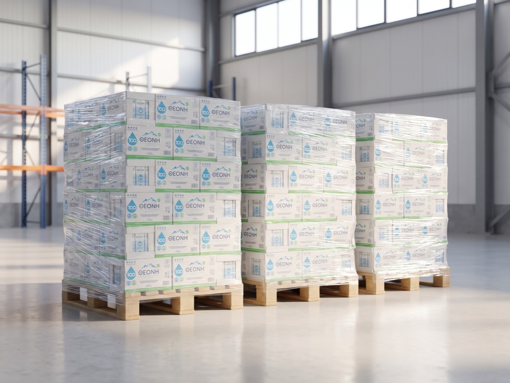 Pallets THEONI in het magazijn, klaar voor levering